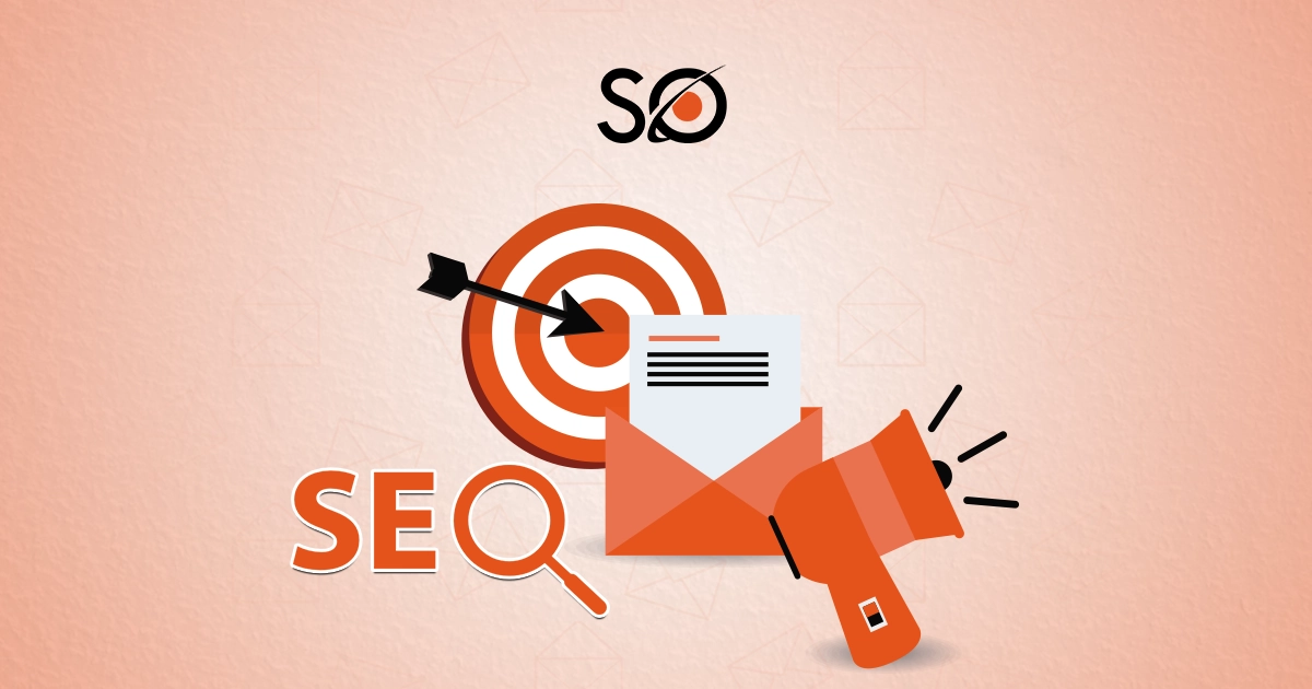 An illustration for a targeted SEO Email Marketing strategy, featuring a bullseye for audience targeting, a megaphone for promotion, an email for content, and the word 'SEO' with a magnifying glass to symbolize search.