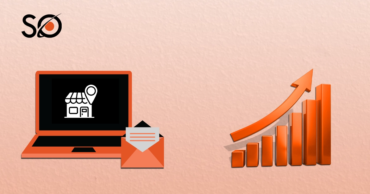Laptop with a store icon, an open email envelope, and a growing bar chart.