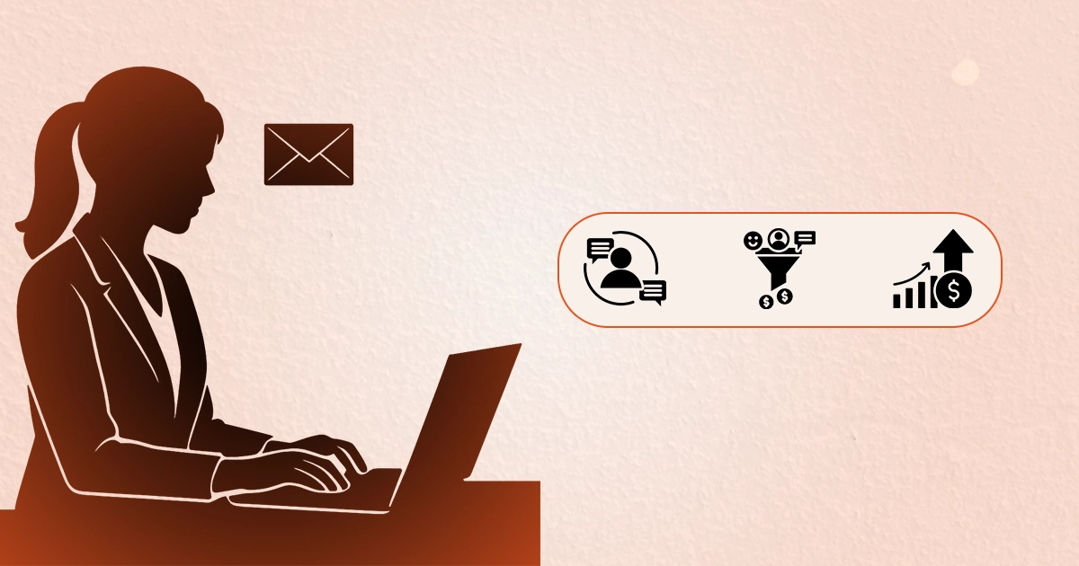 Female silhouette typing on laptop with icons representing email, customer engagement, conversion, and growth.