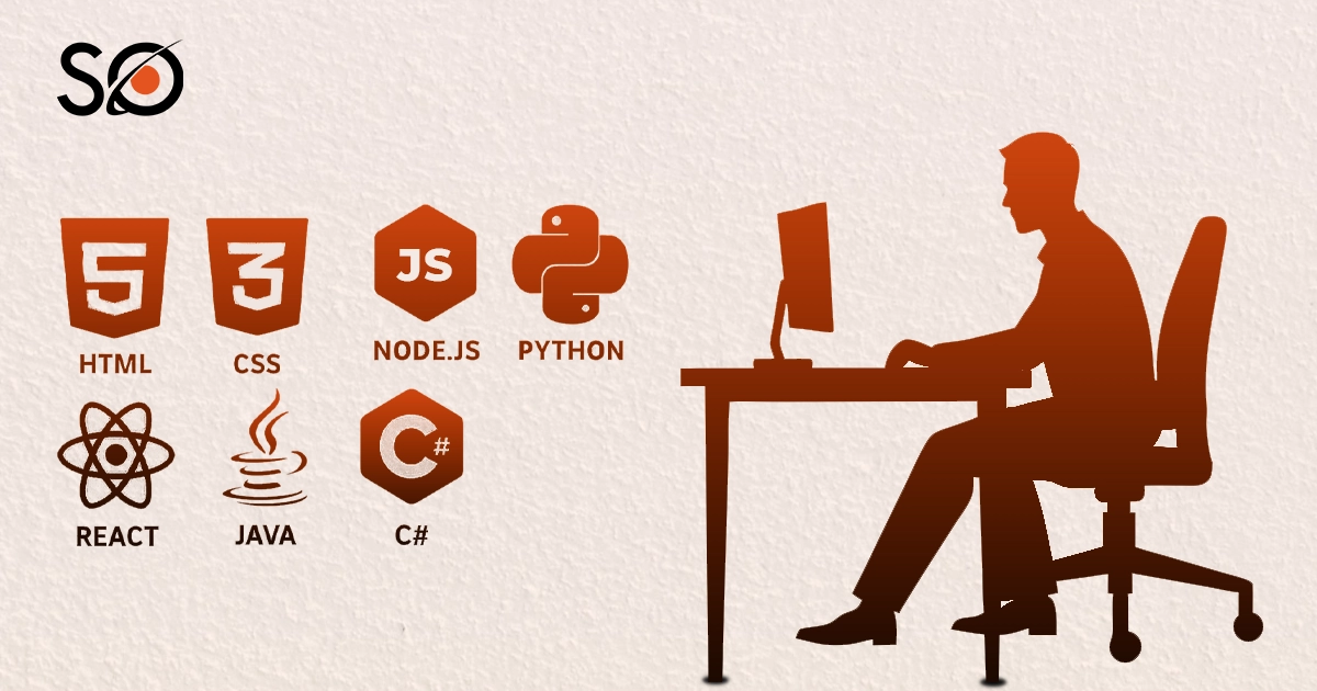 Illustration of a full-stack developer working on a computer, with icons representing key web development skills: HTML, CSS, JavaScript, Python, React, Java, and C#.