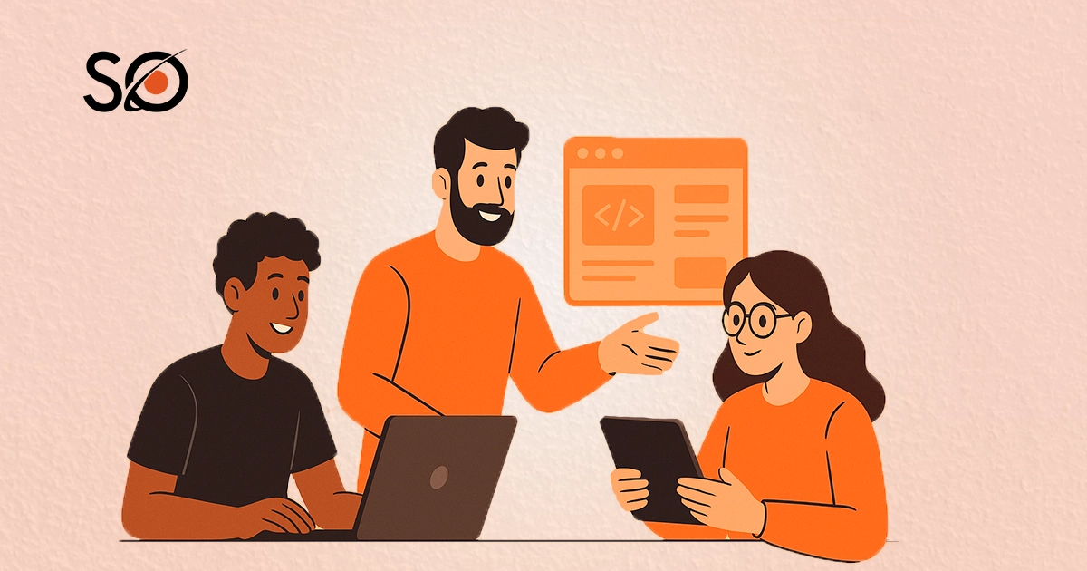 Image depicting a coding workshop or team meeting, with a mentor guiding two diverse students through a project involving front-end development, using a laptop and a tablet.